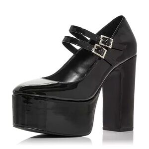 Aqua Emmy Ankle Strap Platform High Heel Pumps Black Patent